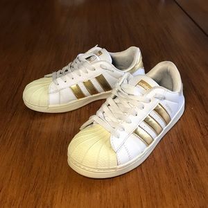 White and Gold Adidas Superstar Shoes